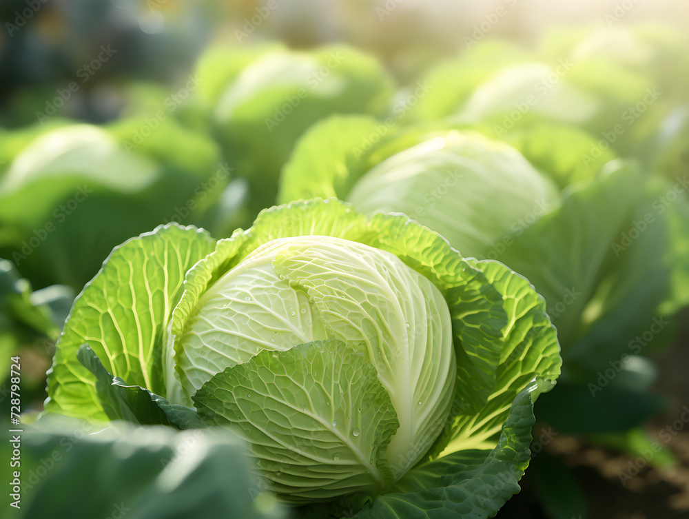 Close up of green cabbage growing in the garden, blurry bright background Close up of green cabbage growing in the garden, blurry bright background