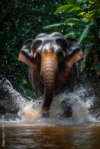 Joyous Asian Elephant Splashing in Natural Watering Hole with Lush Backdrop © Landscape Planet