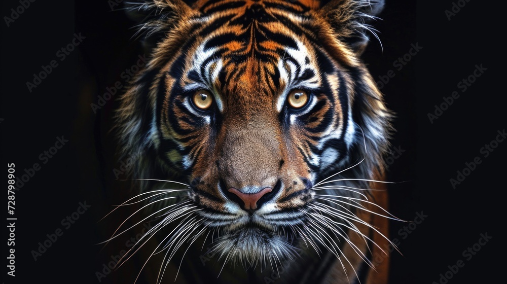 Naklejka premium Intense Gaze of a Bengal Tiger: Face Illuminated Against Black Background