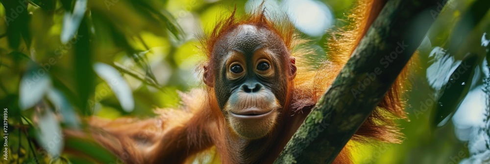 Obraz premium Mid-Air Orangutan with Outstretched Arms Among Green Leaves