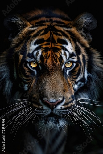 Intense Gaze of a Bengal Tiger: Face Illuminated Against Black Background