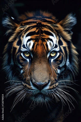 Close-Up of Bengal Tiger s Face with Intricate Fur Pattern in Darkness
