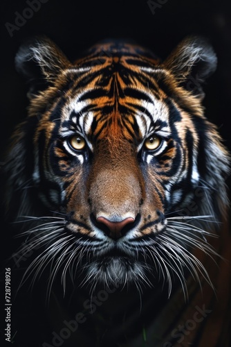 Bengal Tiger Face Emerging from Darkness with Piercing Golden Eyes