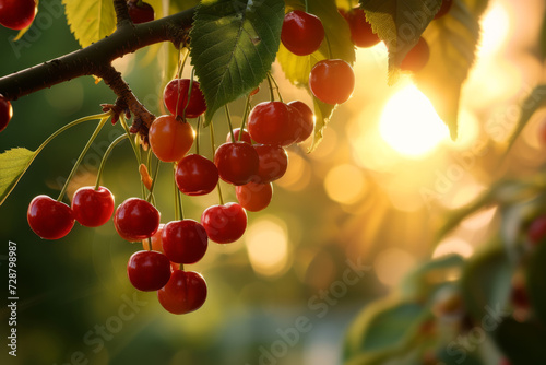 Branch of Maturing red cherries during sunset.