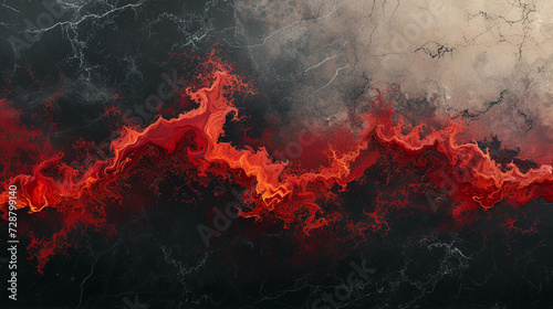 A dramatic and intense abstract painting on a marble slab with deep red and black colors  resembling a volcanic eruption. 