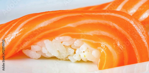 Sashimi with Fresh Raw Salmon fillet on plate. Japanese cuisine, homemade cooking sliced salmon, serving food for restaurant, menu, advert or package, close up, selective focus
