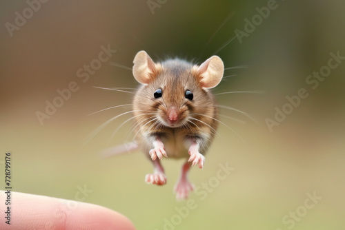 flying mouse. portrait of a cute mouse. Grey mouse. Mouse in the jump. Funny mouse, flying. cute little mouse try move to hand, hamster feeling wonder and excite, mouse on nature background, pet in ho