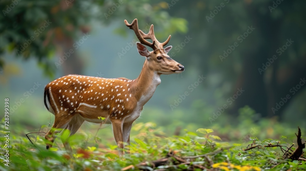 Spotted Deer in Serene Wayanad Forest: Side Profile with Antlers Spotted Deer in Serene Wayanad Forest: Side Profile with Antlers