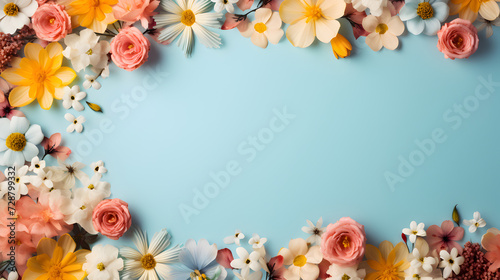 Pink floral illustration background Free Photo,, Beautiful summer flowers on blue background