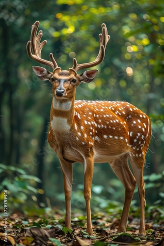 Spotted Deer in Serene Wayanad Forest: Side Profile with Antlers