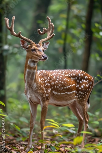 Rich Brown Spotted Deer Standing in Green Forest Clearing, Kerala