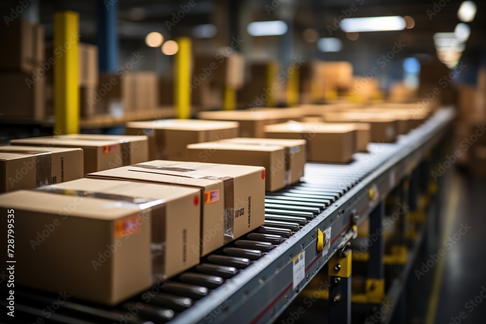 conveyor belt in warehouse moving boxes conveyor belt in warehouse moving boxes