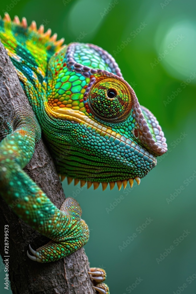 Fototapeta premium Chameleon's Camouflage: Up-Close on a Branch with Green, Yellow, and Brown Scales