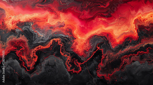 A dramatic and intense abstract painting on a marble slab with deep red and black colors, resembling a volcanic eruption.  photo