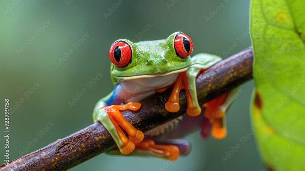 Naklejka premium Vivid Encounter: Red-Eyed Tree Frog with Orange Feet Grasping a Branch, Contrasting Muted Green Leaves, Highlighting Its Alert Red Eyes in the Rainforest's Embrace.
