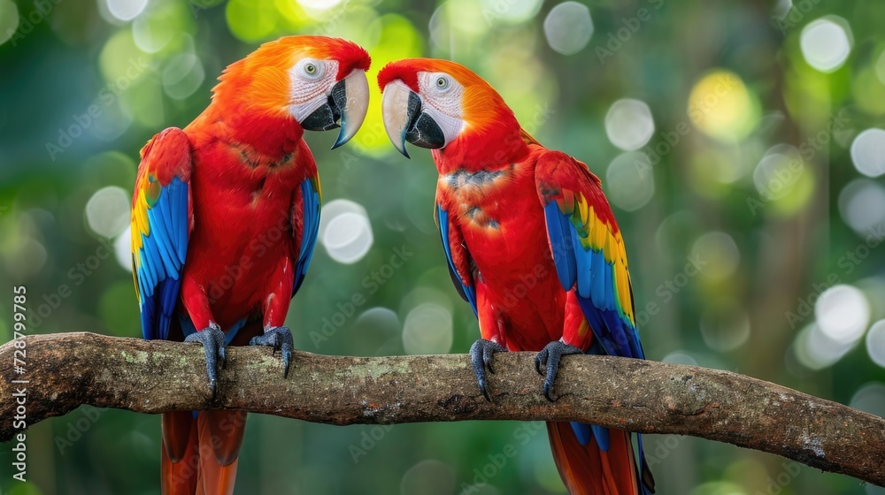 Face-to-Face Scarlet Macaws: Brilliant Hues of Red, Blue, and Yellow Against the Serene Greens of a Secluded Brazilian Wilderness.