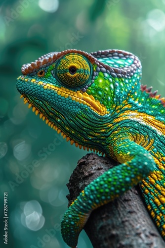Chameleon's Camouflage: Up-Close on a Branch with Green, Yellow, and Brown Scales © Landscape Planet