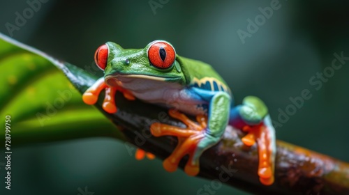 Red-Eyed Tree Frog's Colorful Perch: Bright Orange Feet Wrapped Around a Branch, Its Vivid Body Against Muted Greens, Eyes Gleaming with Curiosity Amidst the Rainforest.