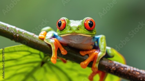 Vivid Encounter: Red-Eyed Tree Frog with Orange Feet Grasping a Branch, Contrasting Muted Green Leaves, Highlighting Its Alert Red Eyes in the Rainforest's Embrace.