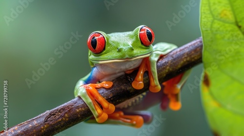 Vivid Encounter: Red-Eyed Tree Frog with Orange Feet Grasping a Branch, Contrasting Muted Green Leaves, Highlighting Its Alert Red Eyes in the Rainforest's Embrace.