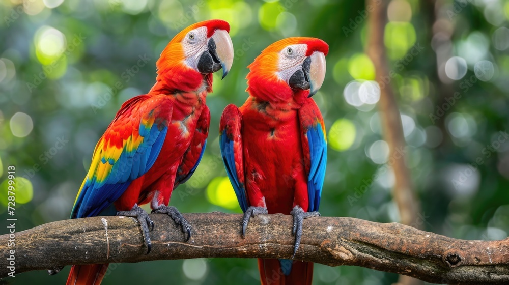 Scarlet Macaws in Close Encounter: Vibrant Red Plumage and Intimate Posture on Thick Branch, With a Soft-Focus Brazilian Jungle Backdrop. Scarlet Macaws in Close Encounter: Vibrant Red Plumage and Intimate Posture on Thick Branch, With a Soft-Focus Brazilian Jungle Backdrop.