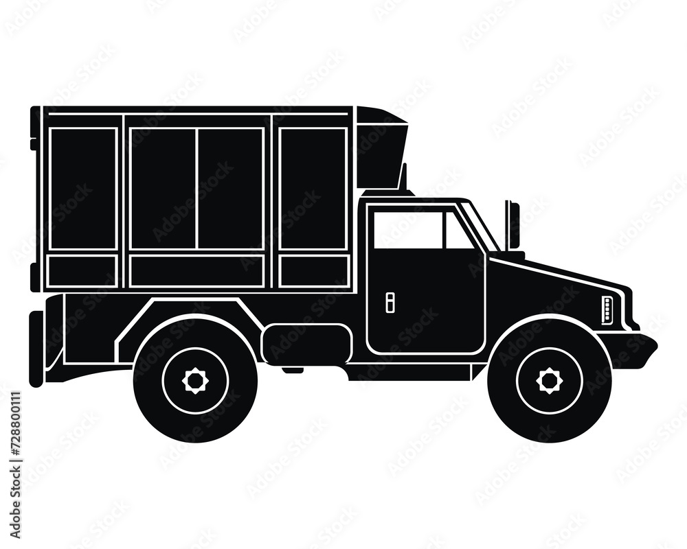 Commercial truck silhouette. Black icon. Transportation, delivery symbols, pictogram. PNG Illustration.