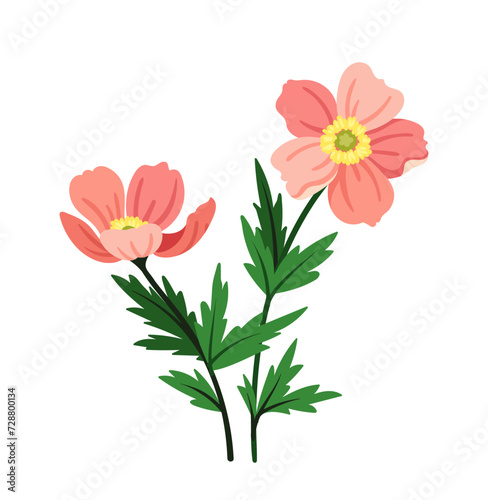 Spring flowers concept. Bloom and blossom pink plants. Wild life and flora  botany. Graphic element for website. Cartoon flat vector illustration isolated on white background