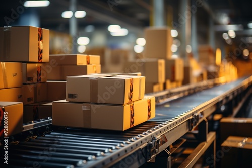 Effortless Flow: Boxes Move Smoothly Across a Conveyor Belt in a Warehouse, Illustrating Seamless Transportation and Handling © Dejan