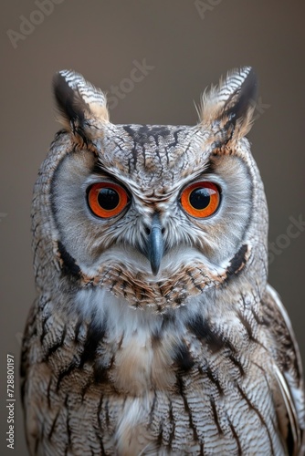 Wisdom in Focus: Detailed Portrait of an Owl with Orange Eyes and Natural Camouflage Against Subtle Brown and Gray Background.
