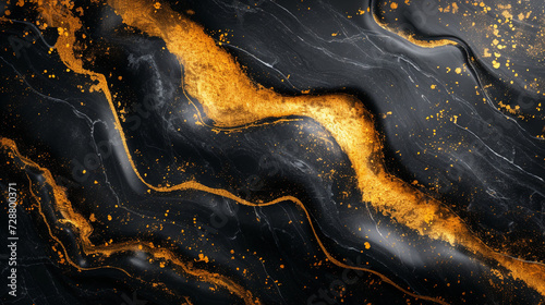 A dynamic interplay of midnight black and radiant gold, unfolding in an abstract dance on a polished marble background. 