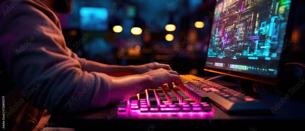 Man sitting in front of computer with keyboard and mouse. Man sitting in front of computer with keyboard and mouse.