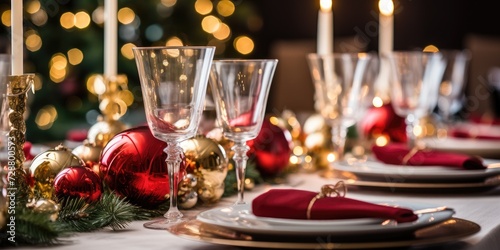 Setting a festive table with a glass goblet for Christmas dinner indoors  accompanied by a Christmas tree adorned with garlands  toys  and balls to create a cozy home ambiance.