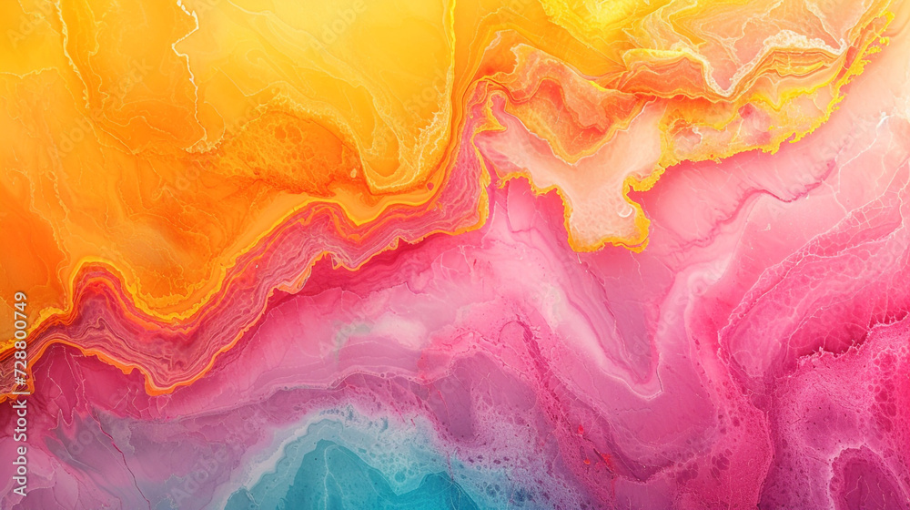 A joyful and colorful abstract painting on a marble slab with pink, orange, and yellow colors, resembling a sunset over the mountains. 