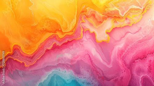 A joyful and colorful abstract painting on a marble slab with pink, orange, and yellow colors, resembling a sunset over the mountains. 