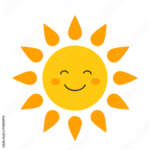 Cute cartoon sun with happy smiling face in simple kawaii doodle style isolated vector illustration in bright colors. Weather icon or logo clipart design element.