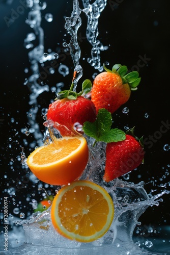 Fresh and vivid fruits take center stage, highlighted by refreshing splashes of water