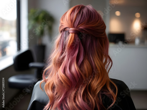 Pink colored hair - The model sits in a hairdressing chair facing back.