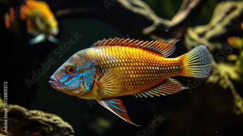 Close-up of a cichlid fish on a black background in an aquarium