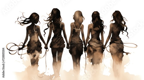 Watercolor painting of five silhouettes of women. They are shown from behind. They hold hands and have long hair. The background is white.