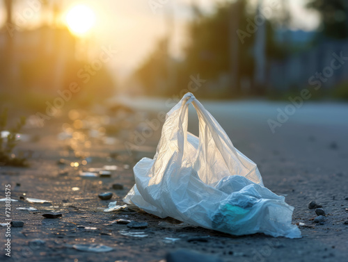 Closeup of a plastic bag on the ground. Pollution Concept