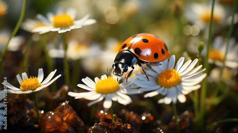 Tiny Wonder: A Close-Up Wallpaper Background Spotlights a Ladybug Perched Gracefully on a Flower, Celebrating the Magnificent Beauty of the Small and Delicate