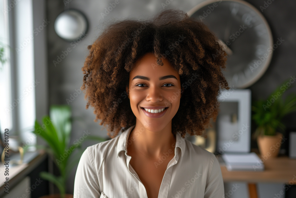 Employee of the Month wallpaper concept, Employee Appreciation Day portrait, Smiling woman close-up shot on minimalist interior background, Confident African woman with curly afro hair. Employee of the Month wallpaper concept, Employee Appreciation Day portrait, Smiling woman close-up shot on minimalist interior background, Confident African woman with curly afro hair.