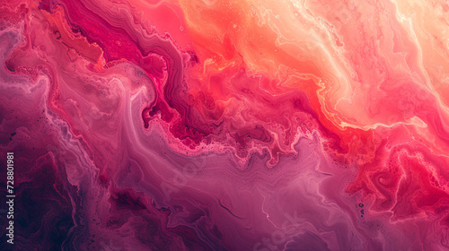 A marble slab with an abstract painting in shades of red and pink, resembling a vibrant sunset. 