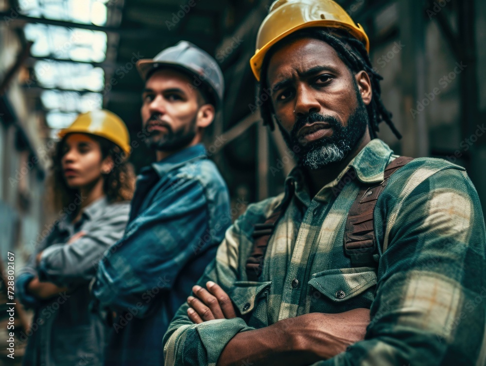Three men in hard hats standing in an industrial area. Generative AI.