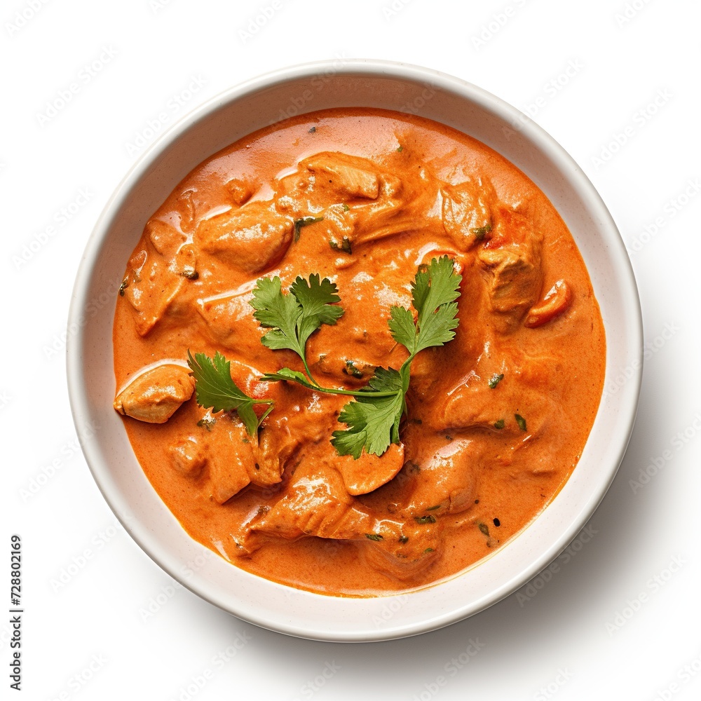 Butter chicken creamy tomato-based sauce on a plate top view isolated on a white background Butter chicken creamy tomato-based sauce on a plate top view isolated on a white background