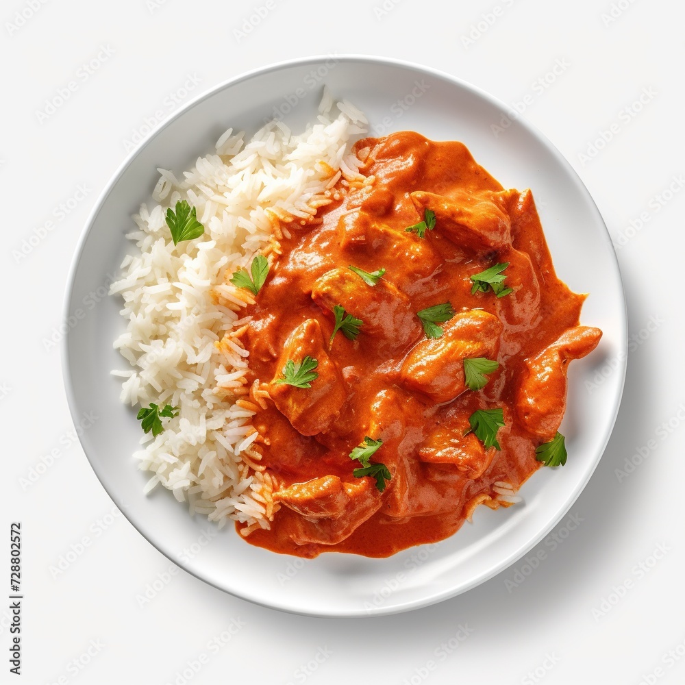 Butter chicken creamy tomato-based sauce with basmati rice on a plate top view isolated on a white background Butter chicken creamy tomato-based sauce with basmati rice on a plate top view isolated on a white background