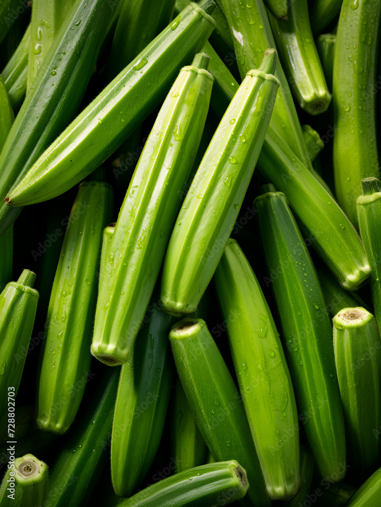 Top view background with fresh green okras Top view background with fresh green okras