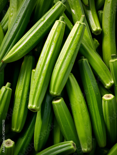 Top view background with fresh green okras