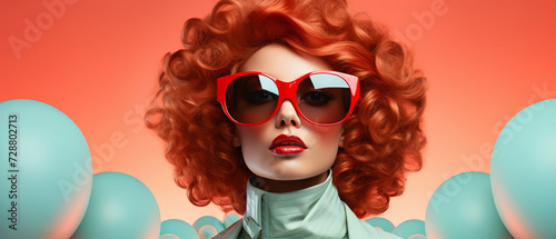 Banner in retro style. Woman in sunglasses on a futuristic background. Pop art culture trend.