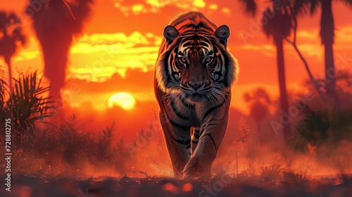 Fiery Sunset Majesty: Tiger Striding Forward Amidst Fantasy Jungle Silhouettes, Orange and Red Sky Melding with Its Coat.